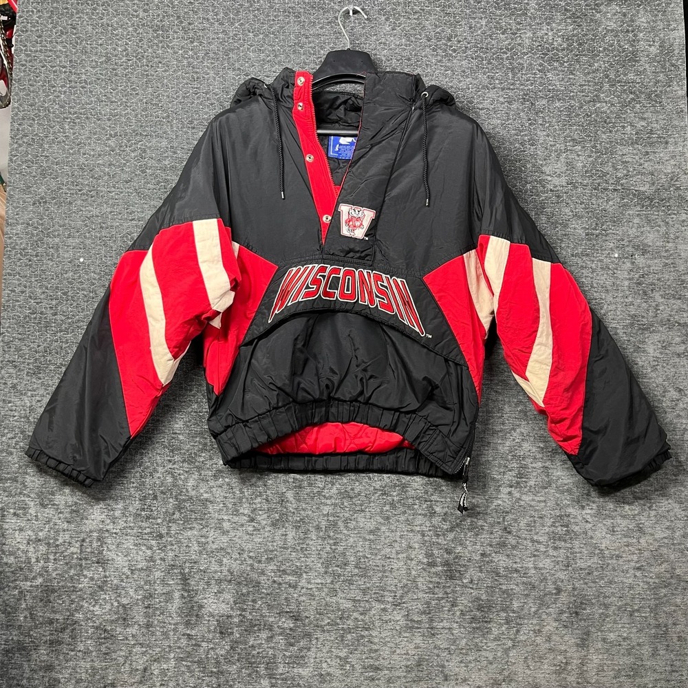VTG 90s Starter Wisconsin Badgers Anorak Puffer Jacket Men's Black Red - Small